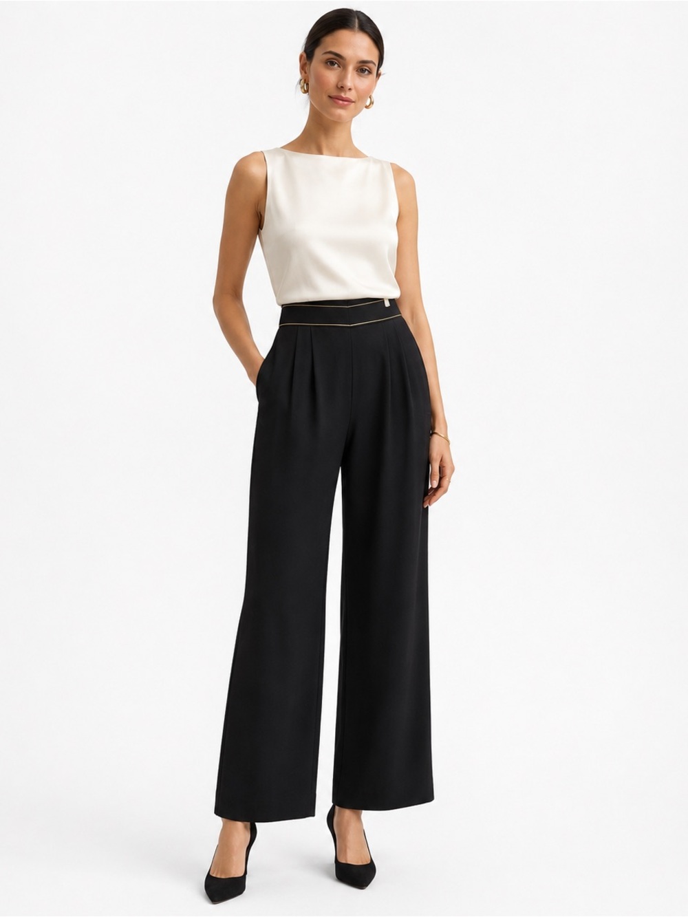 JOSEPH RIBKOFF Black Wide Leg Dress Pants Size 14 High Rise Minimalist Gold Trim
